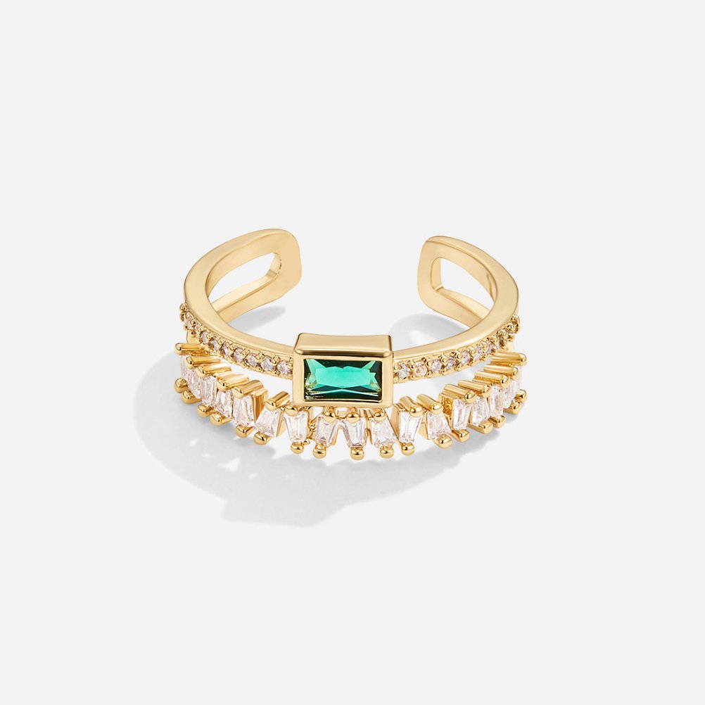 Anillo Dorado Abierto con Cristales y Piedra Verde