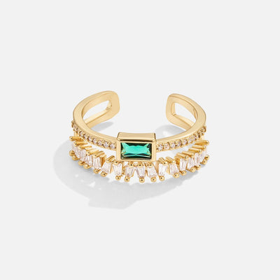 Anillo Dorado Abierto con Cristales y Piedra Verde